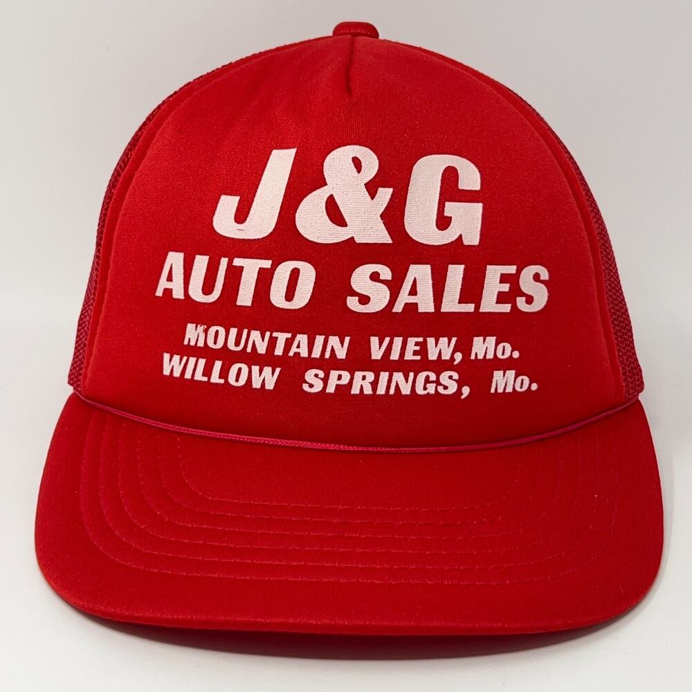 Vintage 80s J&G Auto Sales Trucker Hat Baseball Cap Missouri Cars Snapback Red